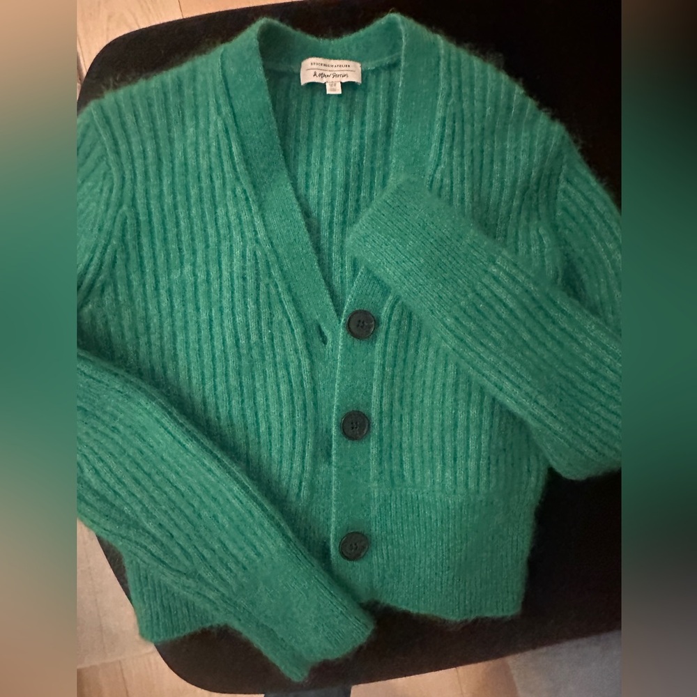 & other stories bright green Ribbed Mohair Blend Button Cardigan